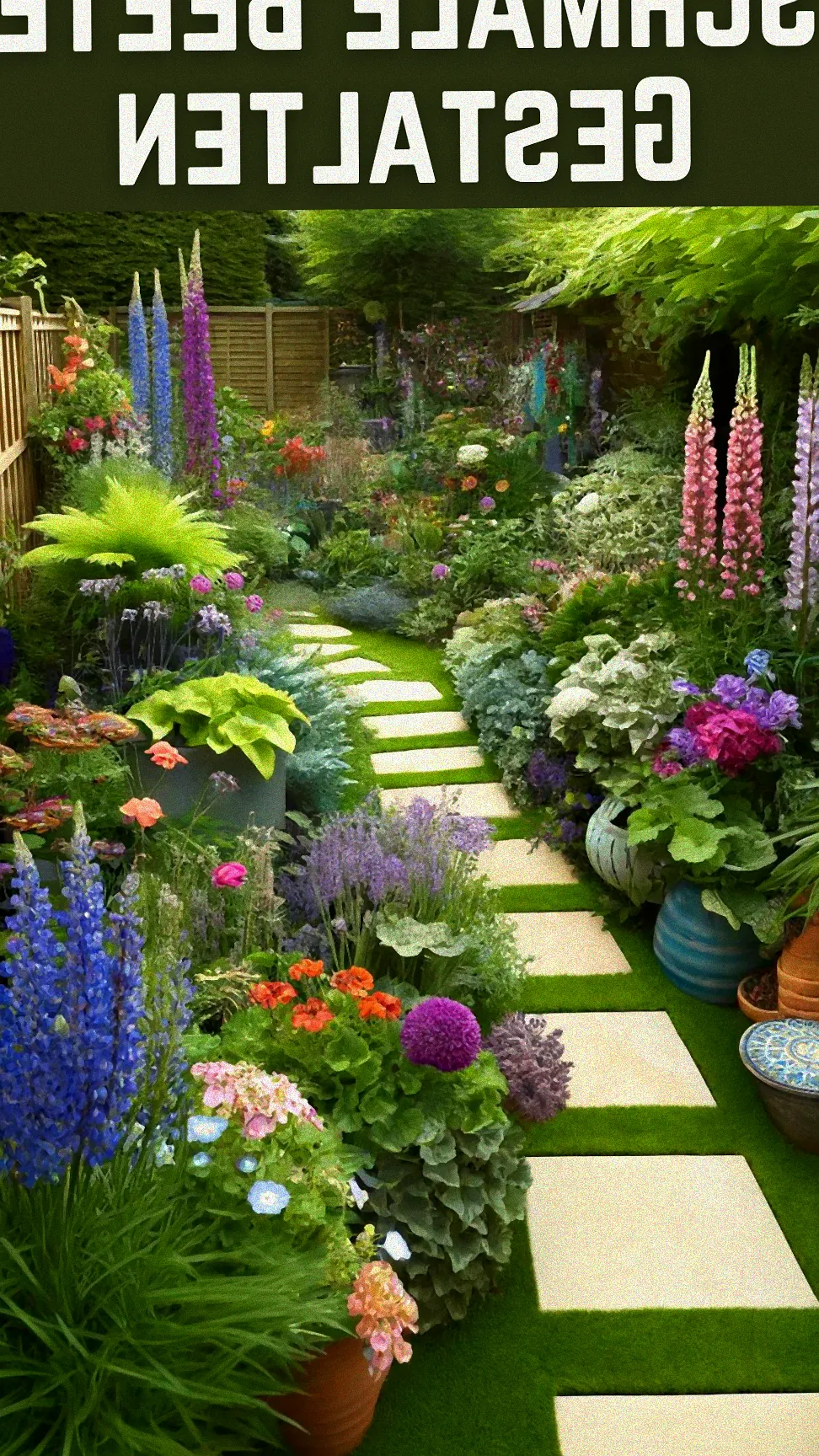 Strukturierter langer Garten mit Wegen